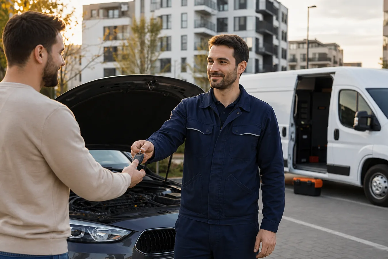 Mechanik oddaje kluczyki klientowi po zakończonej naprawie samochodu
