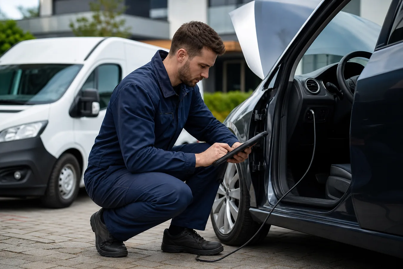 Mechanik mobilny wykonuje diagnostykę komputerową samochodu na miejscu